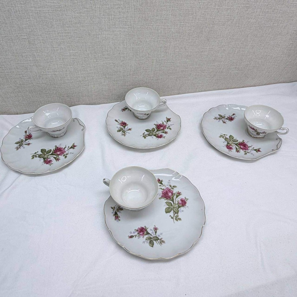 Vintage Japan Pink Rose Porcelain Snack Set 4 Tea Cups and Luncheon Plates Gold